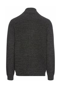 Dunkelgrauer gestrickter Pullover mit hohem Kragen, langen Ärmeln und strukturiertem Finish. Der Stoff wirkt weich und warm.