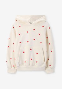 Crème hoodie met rode hartpatronen, voorzien van een voorzak, trekkoordcapuchon en geribde manchetten voor een comfortabele pasvorm.