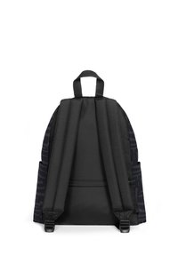 Black backpack with padded straps, zippered closure, and side pockets. Features a sleek design with a subtle pattern on the fabric.