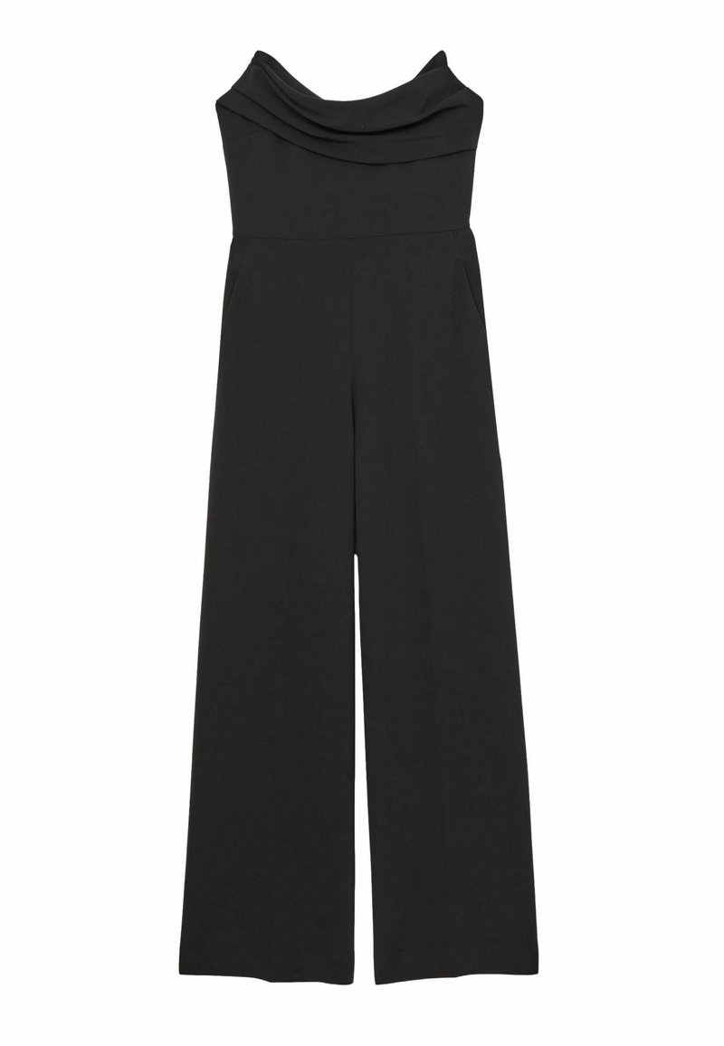 Svart jumpsuit med draperad halsringning, vid ben-design och sidofickor. Tillverkad av ett slätt tyg, med en skräddarsydd passform.