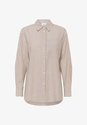 Langärmliges Hemd mit Knöpfen, mit braunen und weißen vertikalen Streifen, einem spitzen Kragen und einer Brusttasche auf der linken Seite.