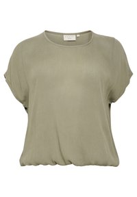Blusa de manga corta suelta en color verde oliva con cuello redondo y dobladillo elástico, talla 44 de Kaffe Curve.