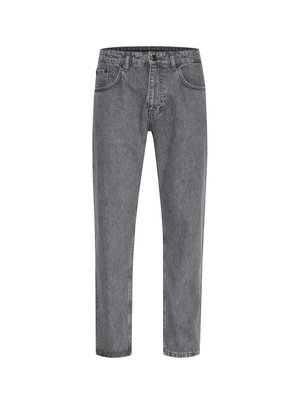 Grå denimjeans med rak skärning, femfickorsdesign, klassisk knapp- och dragkedjestängning, samt subtila blekningar i tygstrukturen.