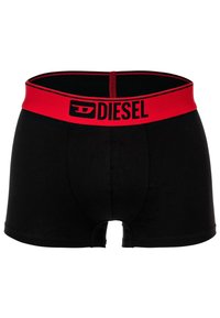 Boxers en coton noir avec une taille élastique rouge portant le logo "DIESEL" imprimé en noir. Aucun motif ou accent visible.