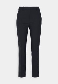 Přizpůsobené černé kalhoty s slim fit, plochým předním dílem a poutky na opasek; hladká textura a minimální švy zvýrazňují minimalistický design.