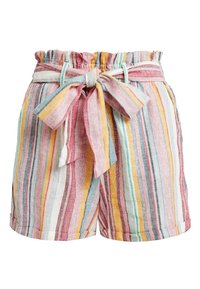 Pantaloni corti a righe in tonalità multicolori di rosa, giallo, blu e bianco; presentano una vita arricciata e una cintura in tessuto legata. Materiale morbido e testurizzato.
