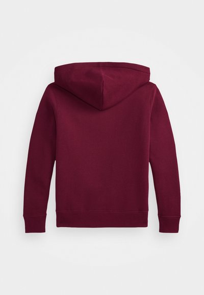 Felpa con cappuccio color bordeaux, dal tocco morbido, maniche lunghe e vestibilità comoda. Presenta dettagli di cucitura e uno stile classico.