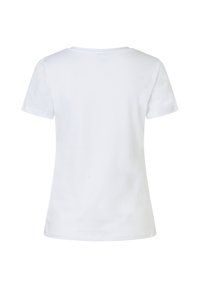 Weißes Baumwoll-T-Shirt, kurze Ärmel, Rundhalsausschnitt, schlichtes Design, weiche Textur, keine sichtbaren Logos oder Muster, Rückansicht präsentiert.