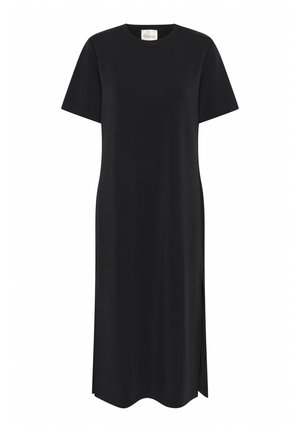 Czarna sukienka t-shirtowa z krótkimi rękawami, okrągłym dekoltem i bocznymi rozcięciami. Wykonana z gładkiego materiału, o prostym fasonie i zaokrąglonym hemie.