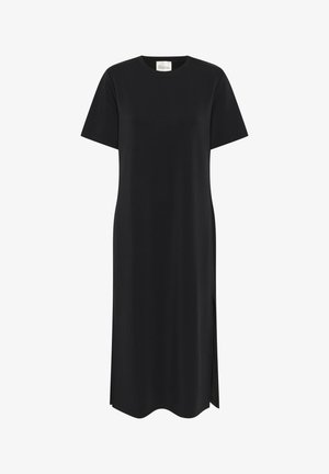 Zwart t-shirt jurk met korte mouwen, ronde halslijn en zijsplitten. Gemaakt van een gladde stof met een rechte silhouet en een gebogen zoom.