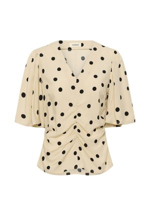 Beige V-Ausschnitt-Bluse mit schwarzen Polka-Dots, kurzen Flatterärmeln und gerafftem Detail in der vorderen Mitte.