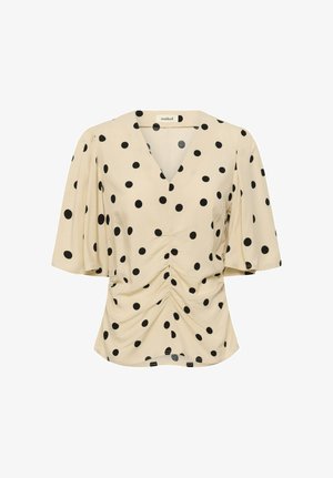 Beige V-Ausschnitt-Bluse mit schwarzen Polka-Dots, kurzen Flatterärmeln und gerafftem Detail in der vorderen Mitte.
