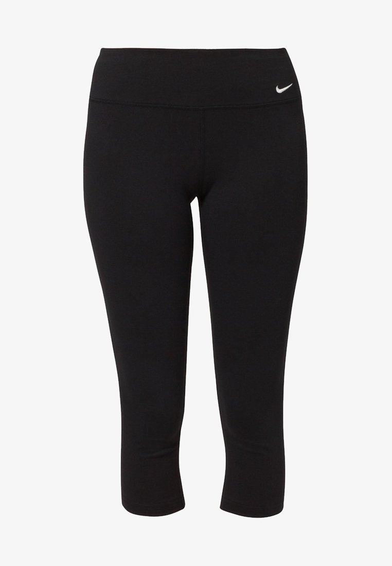 Leggings courts noirs en tissu extensible, avec une large ceinture et un petit logo Nike blanc sur la hanche avant gauche.