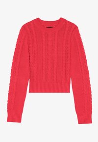 Felle roze cropped sweater met een textuur van kabelbreiwerk, geribde mouwen en een ronde halslijn, met ingewikkelde patronen.