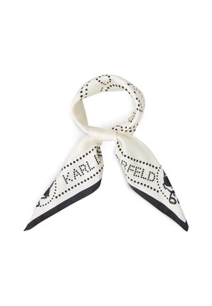 Kremowy jedwabny szal zawiązany w pętlę z czarną kropkowaną obwódką, napisem "KARL LAGERFELD" oraz małymi czarnymi kotkami na końcach.
