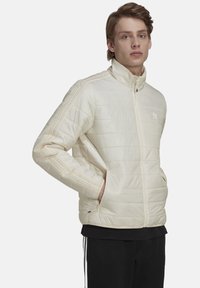 Helle Crème Pufferjacke, gestepptes Design mit hohem Kragen, Reißverschluss vorne und seitlichen Taschen. Verfügt über drei Streifen entlang der Ärmel und ein Logo auf der Brust.
