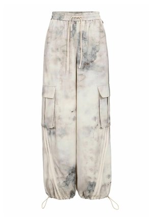 Lightweight, loose-fitting cargo pants in light gray with a tie-dye pattern. Features elastic waistband, two side pockets, and cuffed hems.