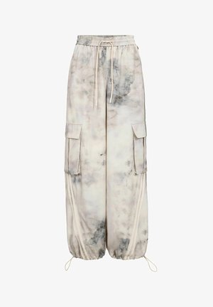 Lightweight, loose-fitting cargo pants in light gray with a tie-dye pattern. Features elastic waistband, two side pockets, and cuffed hems.