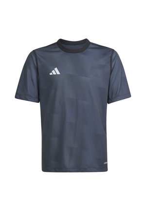 T-shirt de sport bleu foncé à manches courtes, col rond, motifs géométriques subtils et accent logo blanc sur la partie gauche de la poitrine.
