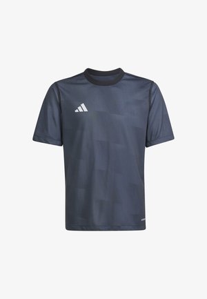 Dunkelblaues Sport-T-Shirt mit kurzen Ärmeln, Rundhalsausschnitt, subtilen geometrischen Mustern und weißem Logo-Akzent auf der linken Brust.