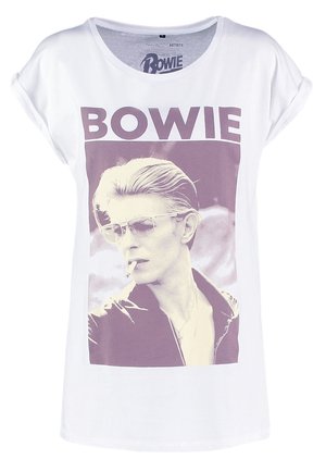 White T-shirt featuring a black-and-white photo of a person with slicked-back hair, sunglasses, smoking a cigarette, with "BOWIE" text above.