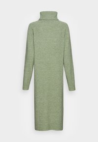 Abito a maniche lunghe con collo alto di colore verde chiaro, realizzato in morbido tessuto a maglia. Presenta polsini e orlo a costine per un tocco di texture e dettaglio.