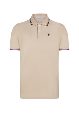 Beige Poloshirt aus weichem Stoff, mit Kragen, drei knöpfen und gestreiften Akzenten in Rot und Marineblau an den Ärmeln. Kleines Logo auf der Brust.