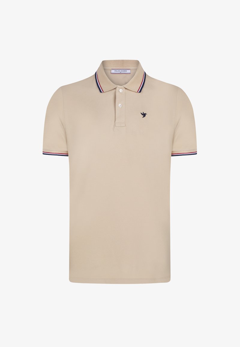 Beige Poloshirt aus weichem Stoff, mit Kragen, drei knöpfen und gestreiften Akzenten in Rot und Marineblau an den Ärmeln. Kleines Logo auf der Brust.