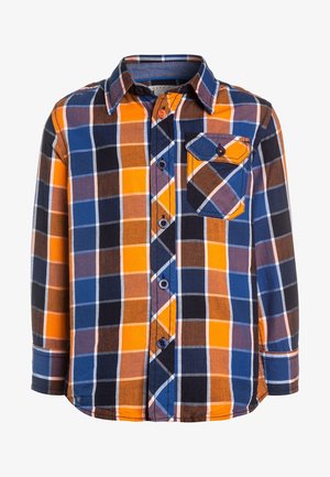 Camisa de manga larga con botones, cuello, bolsillo en el pecho y un gran estampado a cuadros en naranja, azul, marrón, negro y blanco.
