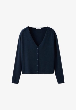 Dunkel marineblauer, langärmliger Cardigan mit Knöpfen, V-Ausschnitt und geradem Saum, auf weißem Hintergrund dargestellt.