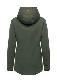 Dark green waterproof jacket with a hood, smooth texture, and a slightly fitted design. Features a back logo tag and elastic cuffs.