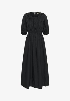 Black maxi dress with a fitted bodice, elastic waist, and puffed short sleeves. Smooth texture, round neckline, and back zipper detail.