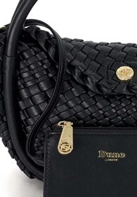 Black woven handbag featuring a smooth leather base, gold hardware accents, and a zip closure with logo detail.