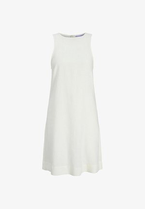 Vestido blanco sin mangas en línea A con escote redondo y cierre de cremallera en la espalda, confeccionado con una tela lisa y ligera.