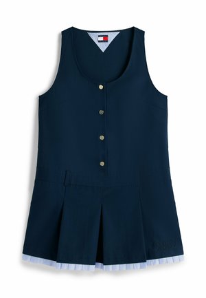 Robe sans manches bleu marine avec boutons à l'avant, jupe plissée, ourlet rayé bleu clair contrastant et logo Tommy Jeans.