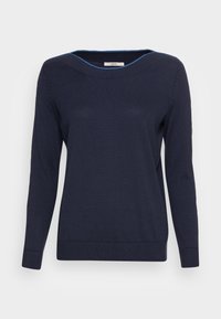 Pull à manches longues bleu marine avec poignets et ourlet côtelés, présentant un col bateau arrondi avec une bordure bleue subtile.