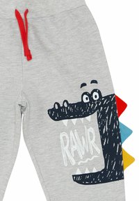 Graue Jogginghose mit einem schwarzen Krokodilgrafik, rotem Kordelzug und bunten Stacheln (rot, blau, gelb) an der Seite. Weicher Stoff.