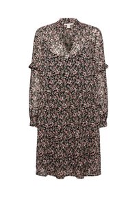 Vestido negro de flores hecho de tela transparente, con escote en V, mangas largas con volantes y un corte holgado con una falda fruncida.