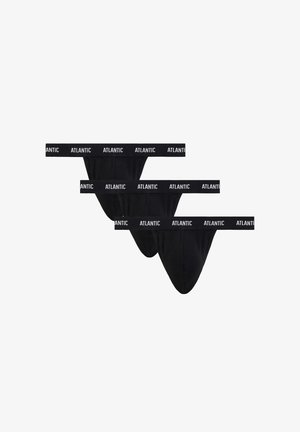 Czarny zestaw majtek w stylu thong składający się z trzech elementów, z szerokim czarnym paskiem z logo "ATLANTIC", wykonaną z gładkiego materiału oraz o opływowym designie.