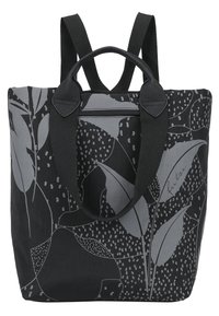 Bolsa tote negra con una superficie texturizada y un patrón floral en tonos de gris. Cuenta con dos asas y tirantes ajustables.