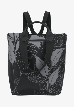 Borsa a tracolla nera con superficie testurizzata e motivo floreale in diverse tonalità di grigio. Caratterizzata da due manici e spallacci regolabili.