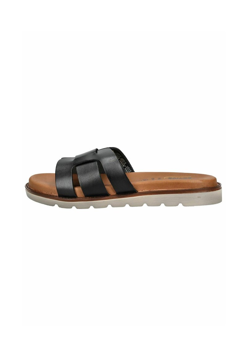 Schwarze Leder-Slide-Sandale mit drei sich überlappenden Riemen, braunem Fußbett und einer leichten Sohle mit strukturiertem Muster für besseren Halt.