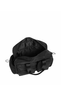 Borsa duffel nera con chiusura a zip, con un interno texturizzato. Include tasca frontale con zip e manici doppi per un trasporto facile.