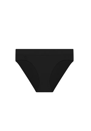 Lenjerie intimă de damă neagră, fără cusături, în stil bikini, fabricată dintr-un material texturat subtil, cu un mic logo în relief pe partea stângă.