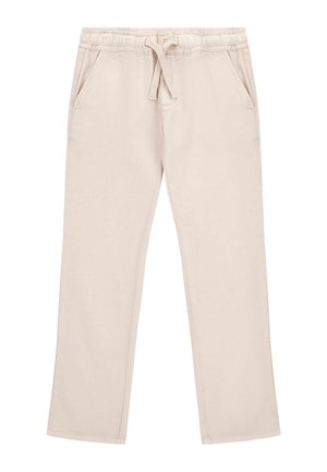 Pantalon décontracté beige avec taille élastique, cordon de serrage, fermeture par bouton et poches latérales, présenté à plat sur fond blanc.
