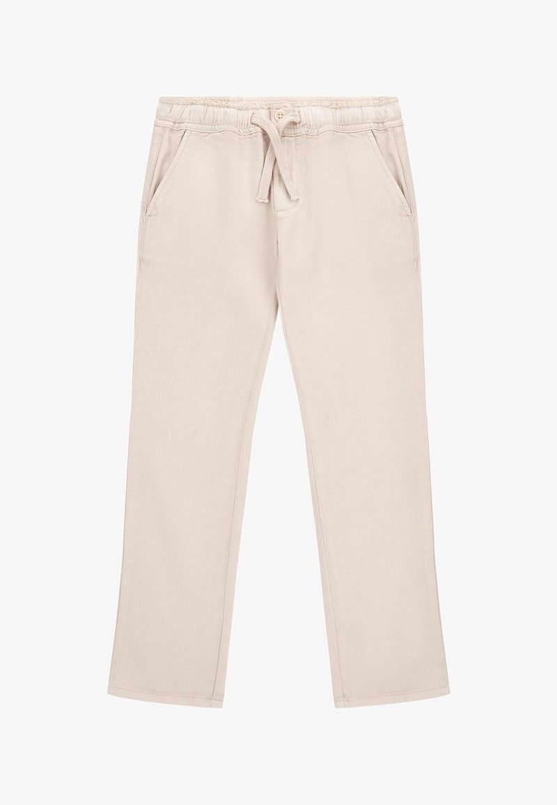 Pantalon décontracté beige avec taille élastique, cordon de serrage, fermeture par bouton et poches latérales, présenté à plat sur fond blanc.