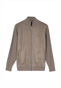 Grijze jas met ritssluiting, met een gladde, suède-achtige textuur aan de voorkant en contrasterende gebreide mouwen en kraag. Inclusief zijzakken.