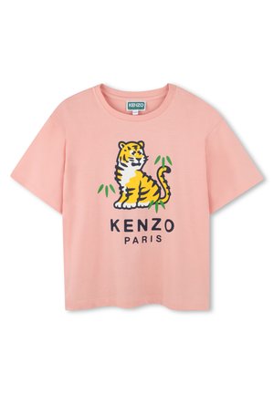 Pink cotton t-shirt featuring a tiger graphic and "KENZO PARIS" text in black. Short sleeves and a relaxed fit.