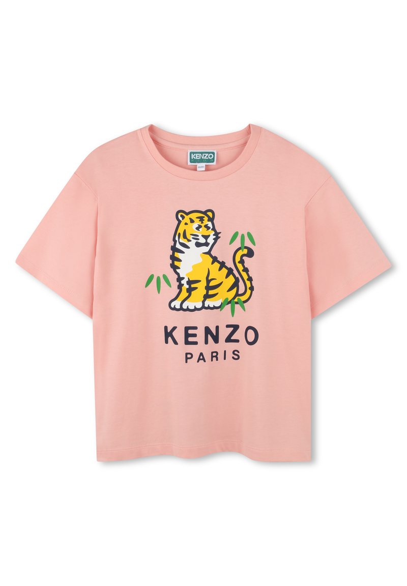Różowa bawełniana koszulka z grafiką tygrysa i napisem "KENZO PARIS" w kolorze czarnym. Krótkie rękawy i luźny krój.