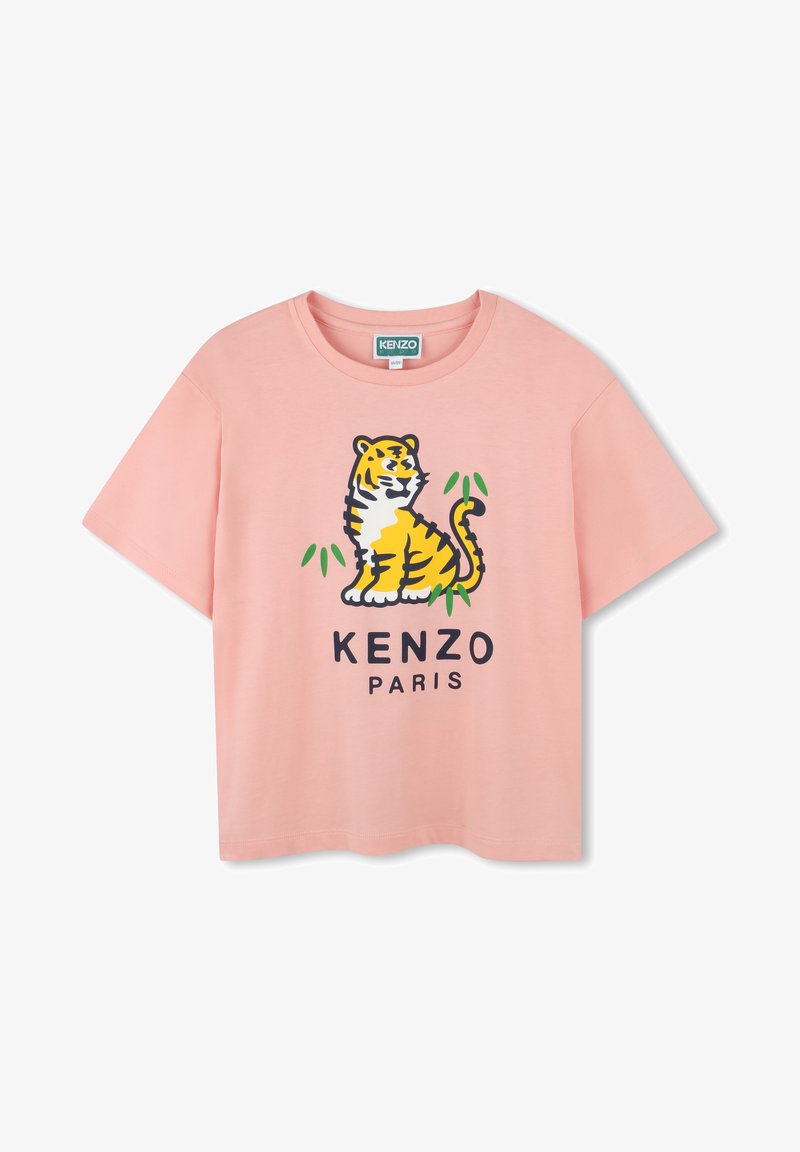 Różowa bawełniana koszulka z grafiką tygrysa i napisem "KENZO PARIS" w kolorze czarnym. Krótkie rękawy i luźny krój.